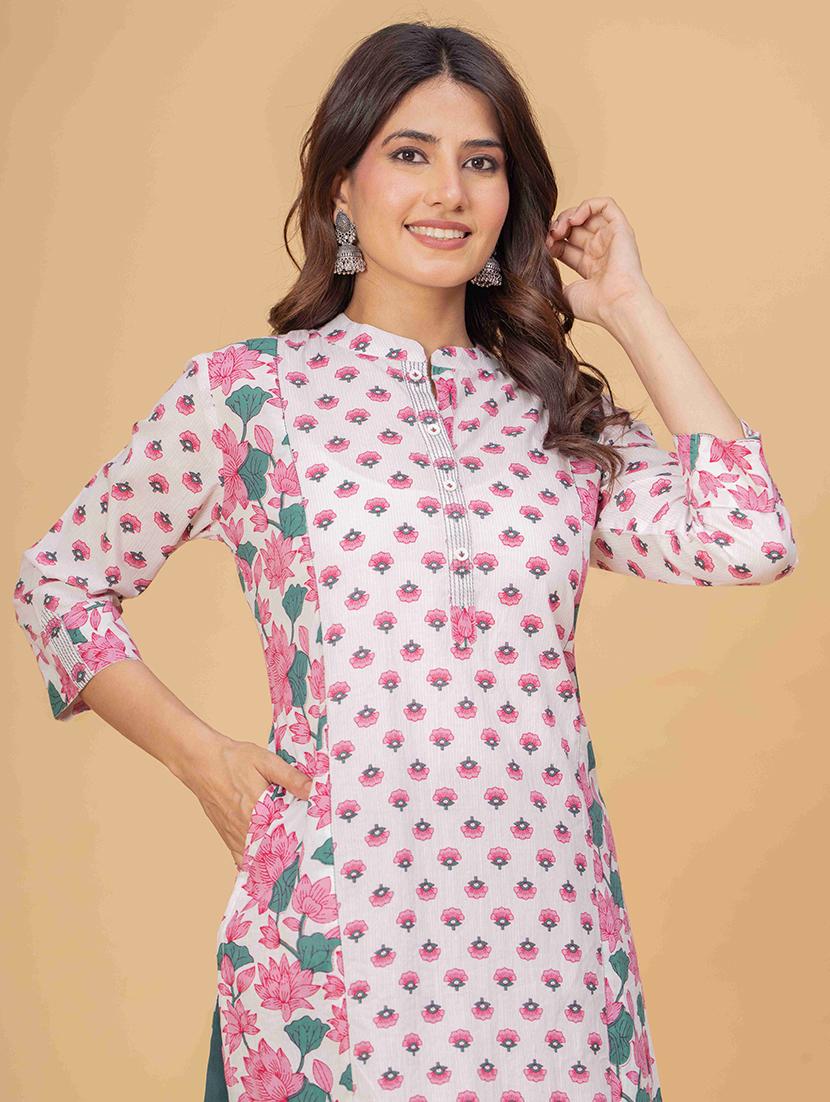 women floral three quarter sleeve straight kurta - 21980379 - Standard Image - 2