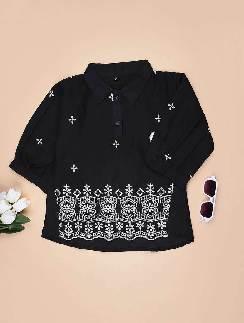 girls embroidered collared puff sleeve top