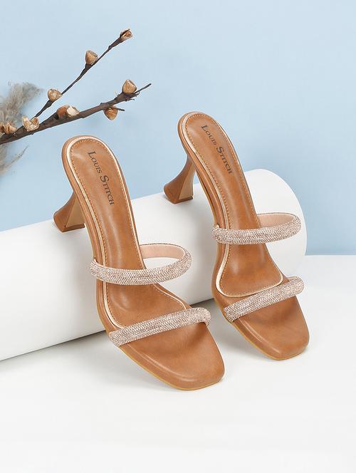 women tan embellished slip on heels - 21980906 -  Standard Image - 0