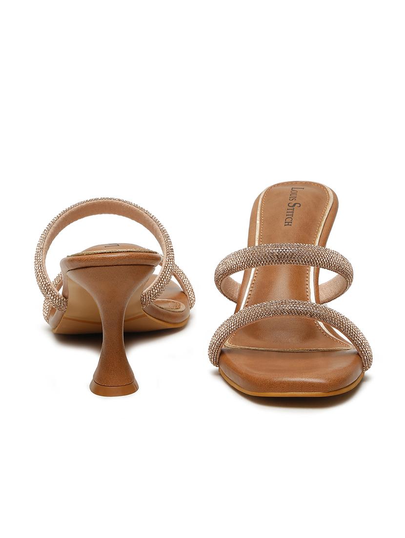 women tan embellished slip on heels - 21980906 - Standard Image - 2