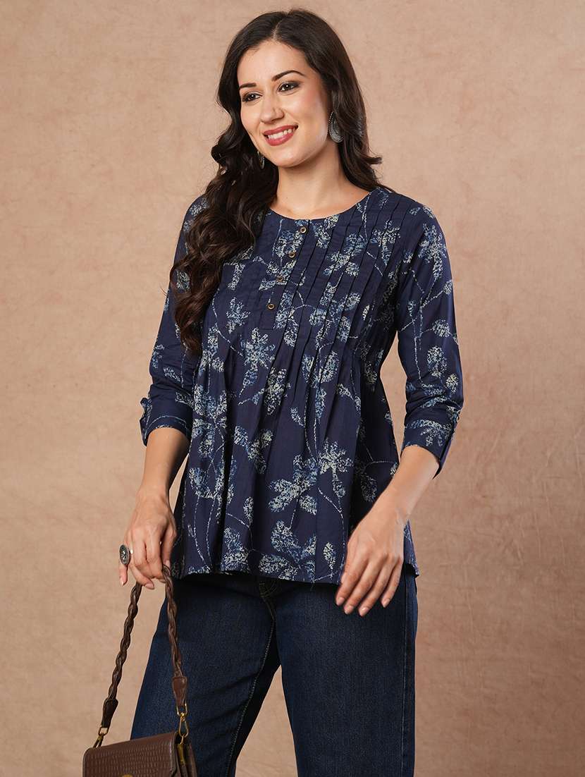 women navy blue printed round neck a-line top - 21980929 -  Standard Image - 2