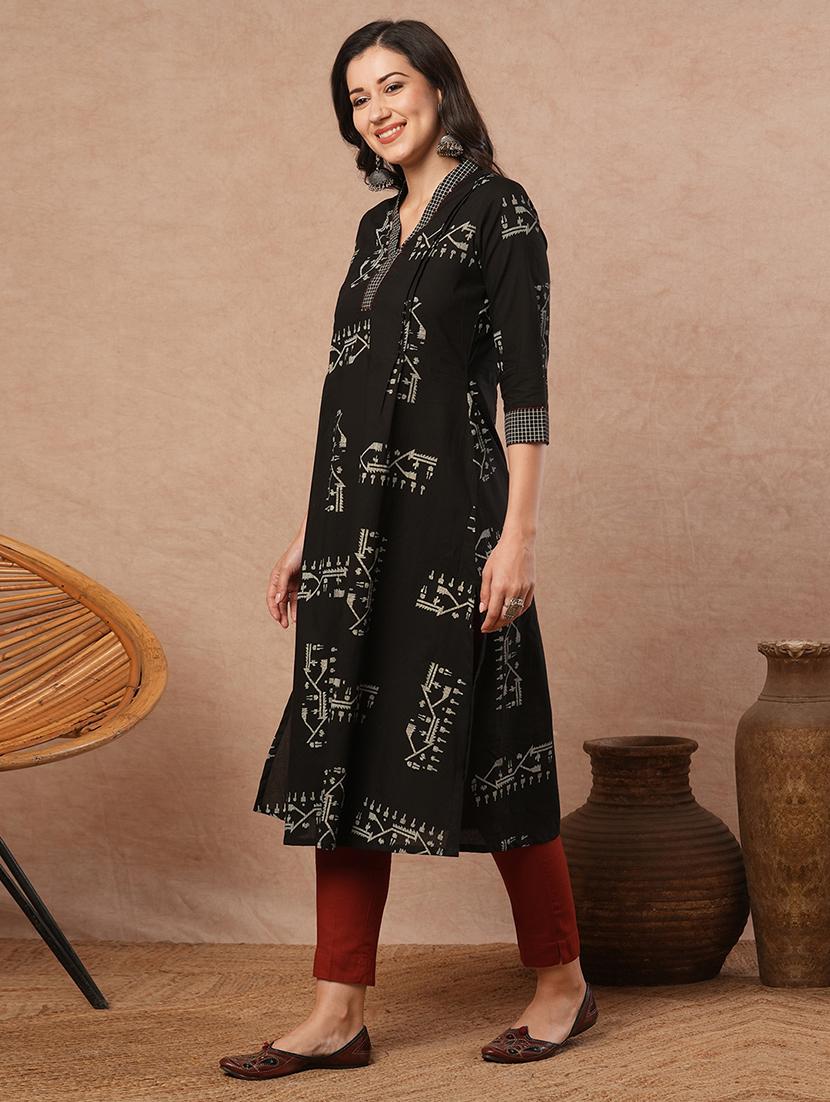 women black printed a-line kurta with pocket - 21980939 - Standard Image - 2