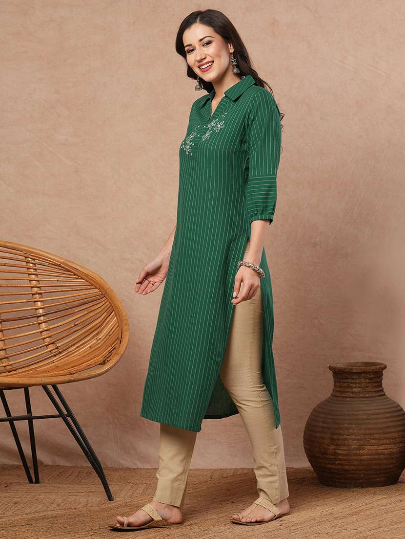 women striped puff sleeve collared kurta - 21980943 -  Standard Image - 2