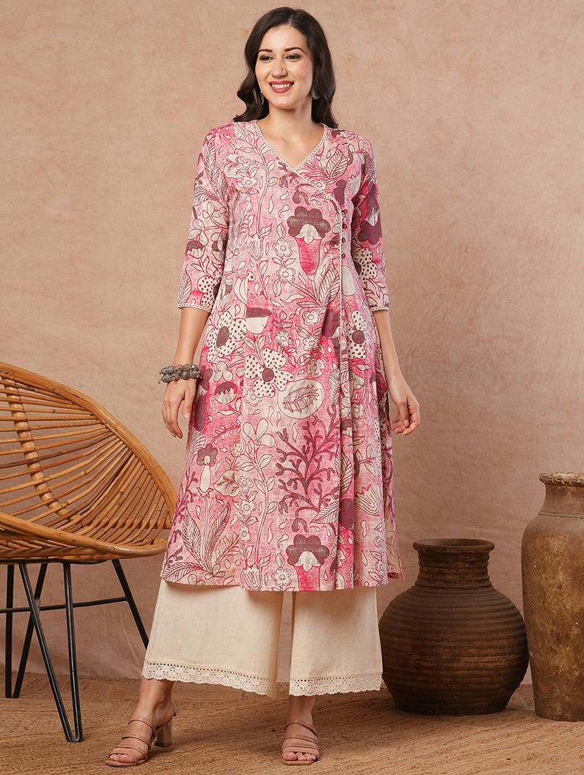 women floral three quarter sleeve angrakha kurta - 21980950 -  Zoom Image - 0