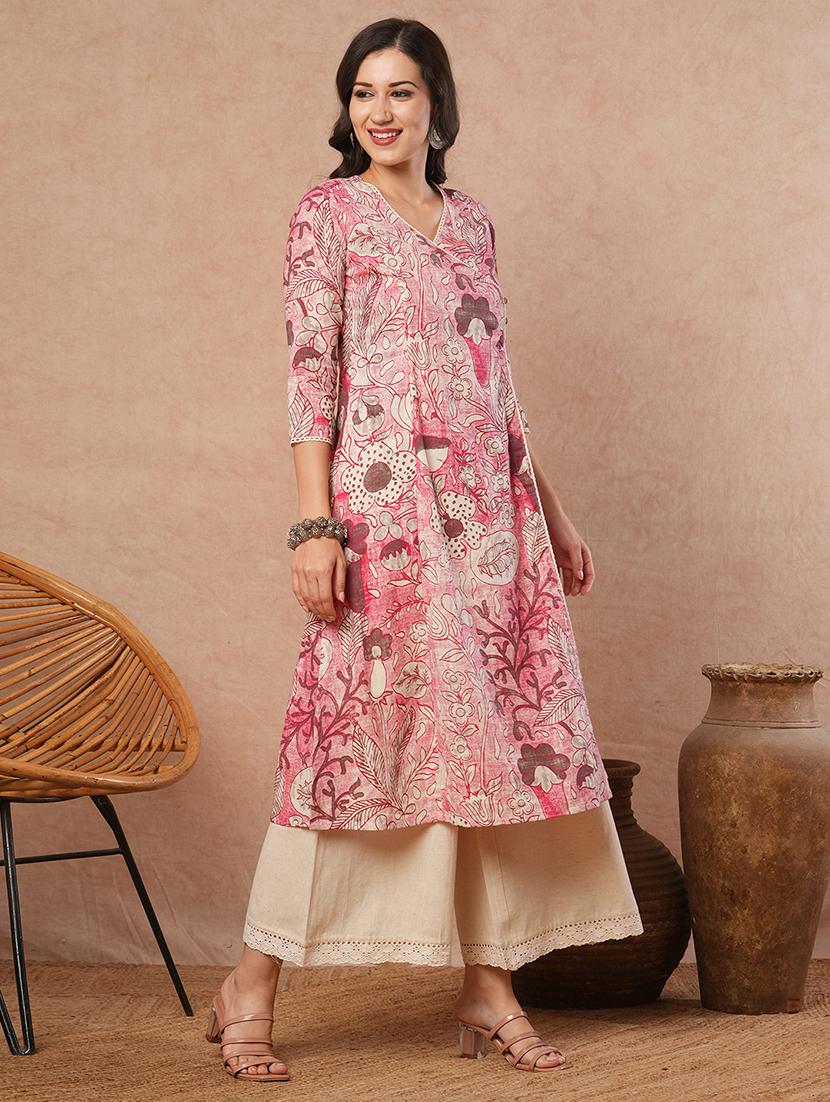 women floral three quarter sleeve angrakha kurta - 21980950 - Standard Image - 2