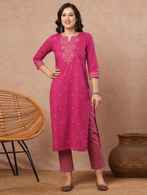 women solid with work three quarter sleeve a-line kurta - 21980951 - Standard Image - 0