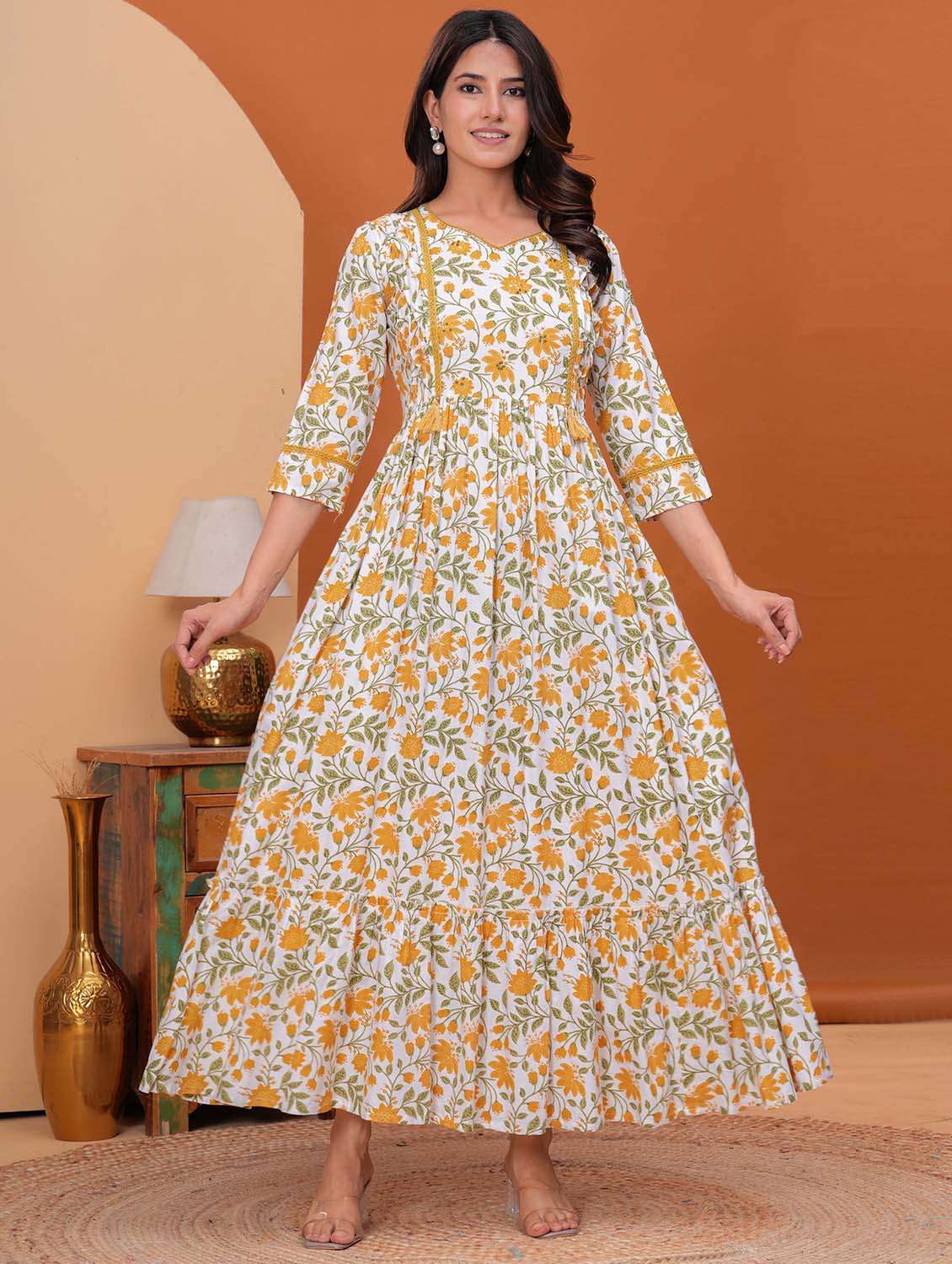 women floral print three quarter sleeve tiered maxi dress