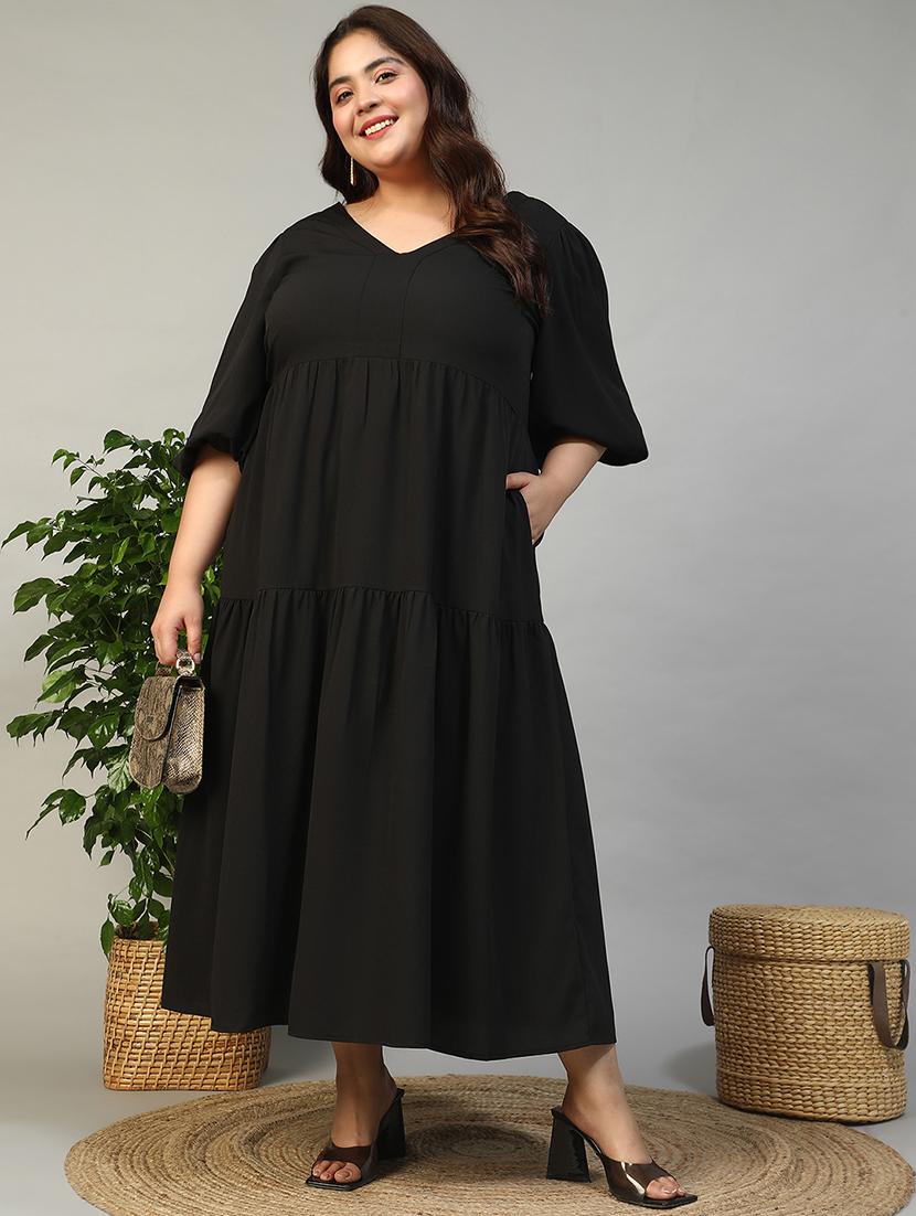 women plus size solid flared sleeve tiered dress - 21981174 - Standard Image - 2