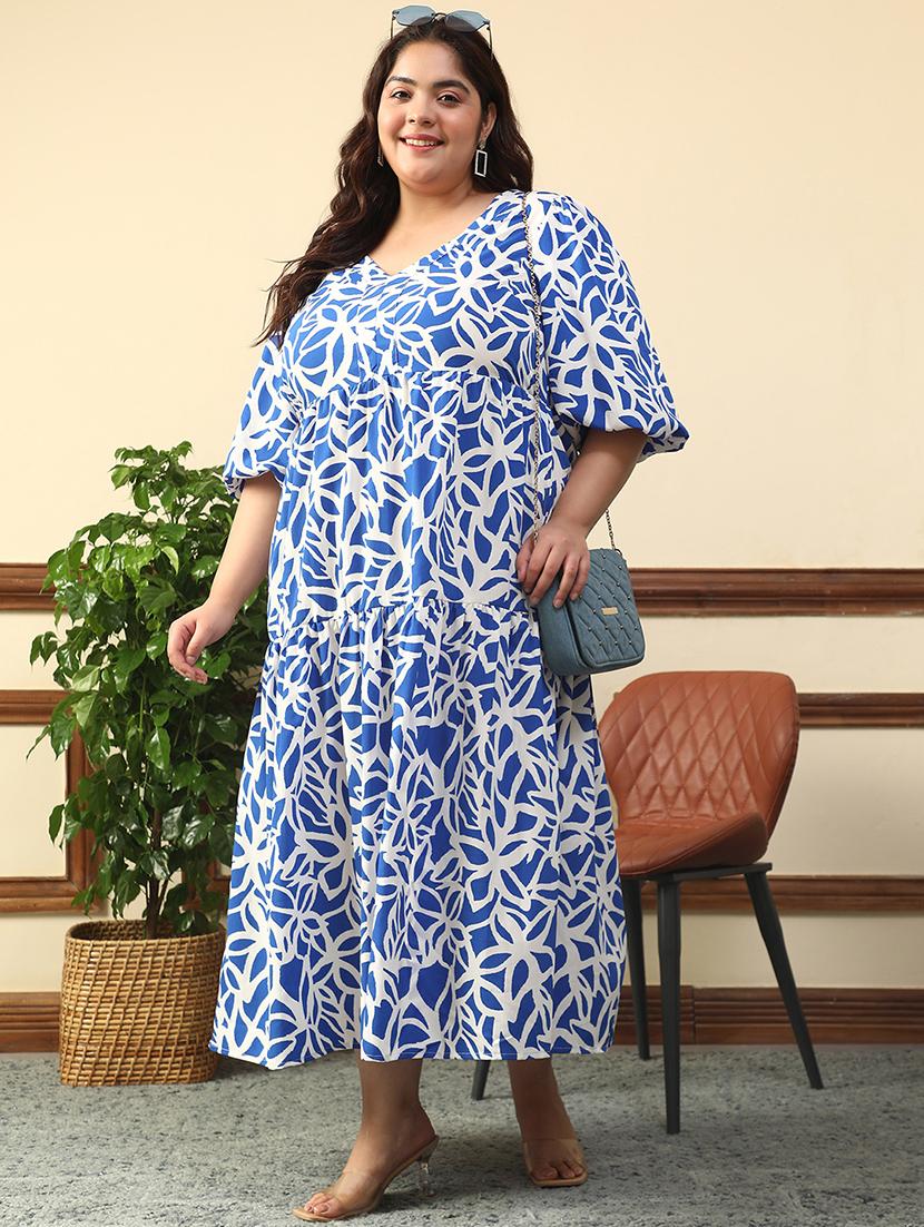 women plus size printed puff sleeve tiered dress - 21981175 - Zoom Image - 0