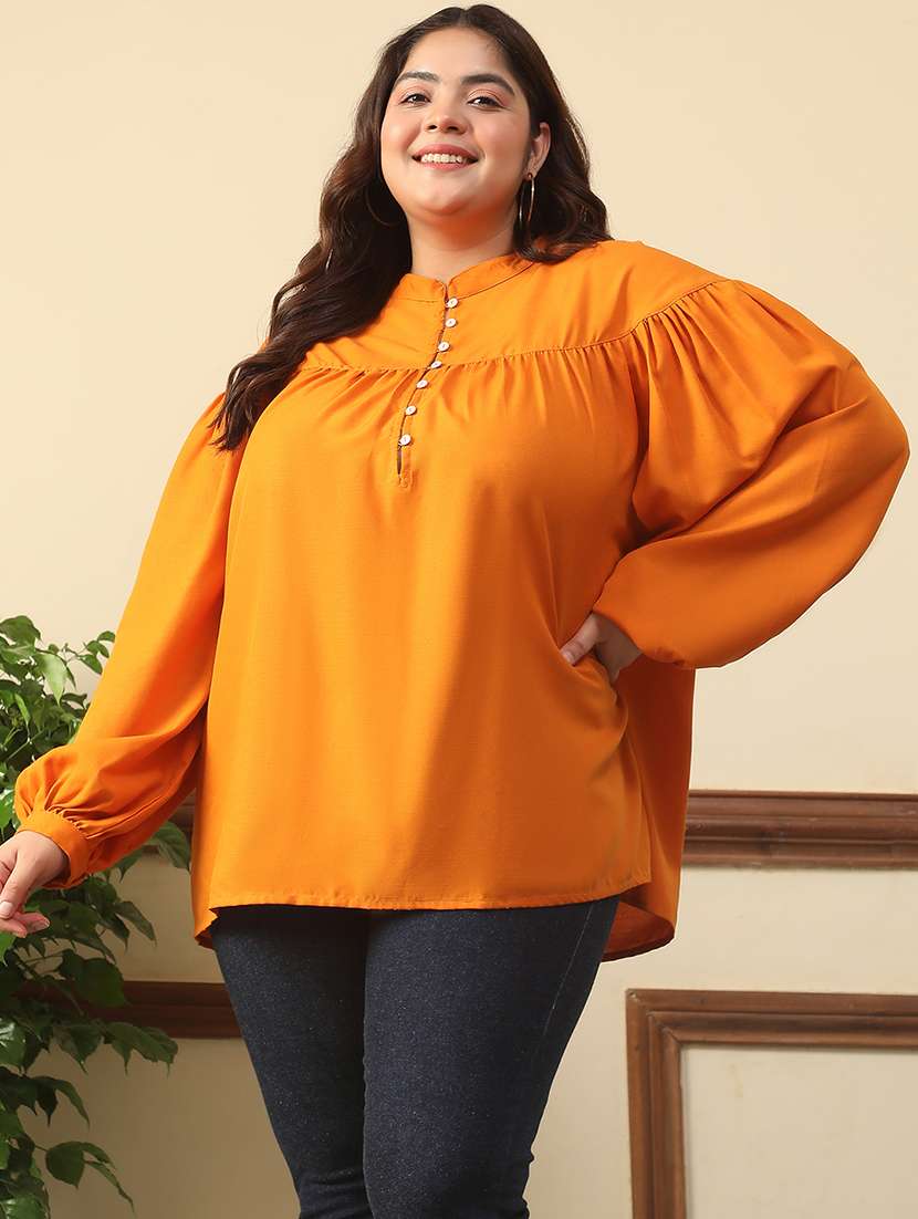 women plus size solid puff sleeve top