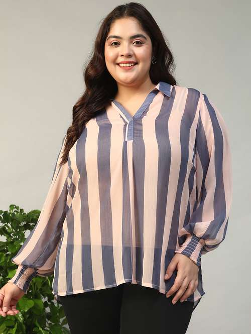 women plus size striped collared puff sleeve top - 21981207 -  Standard Image - 0