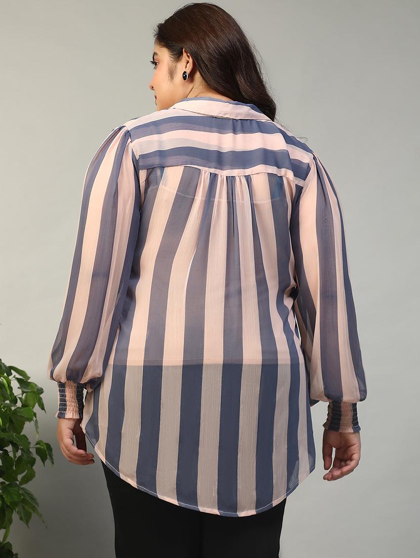 women plus size striped collared puff sleeve top - 21981207 - Standard Image - 2