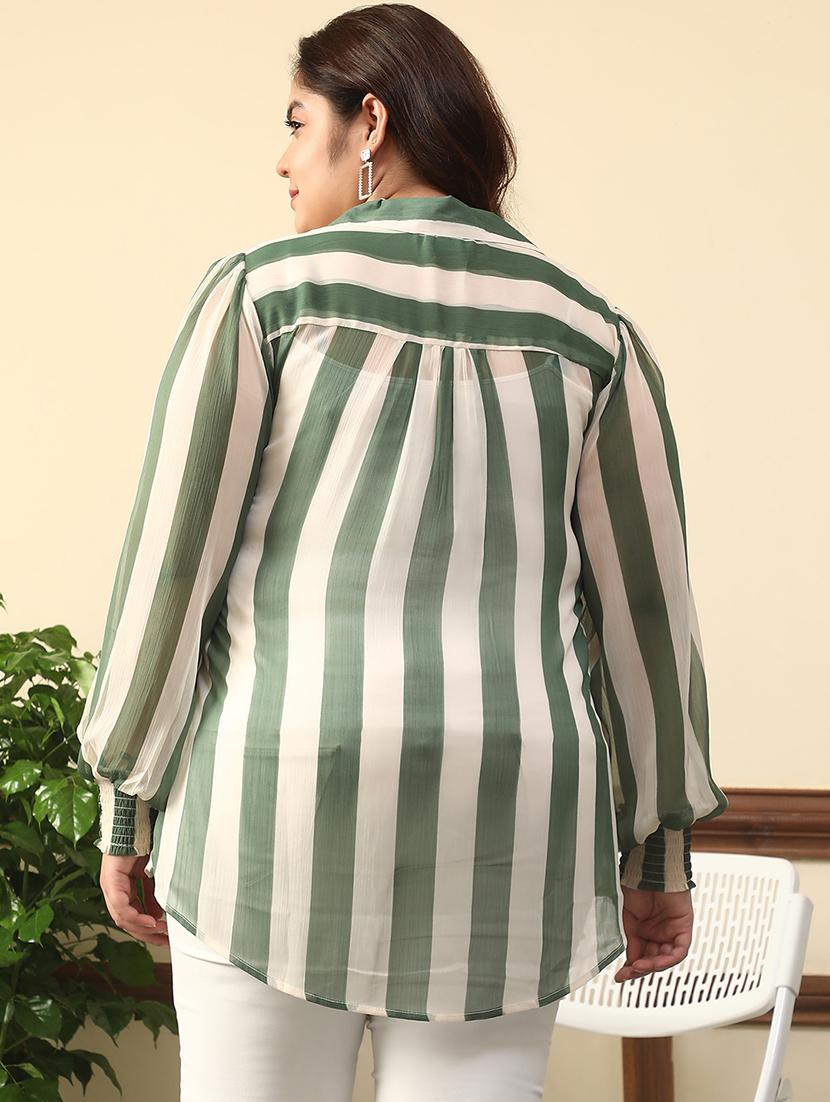 women plus size striped collared puff sleeve top - 21981208 - Standard Image - 2