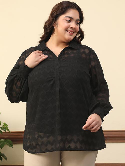 women plus size self designed collared puff sleeve top - 21981210 - Standard Image - 0
