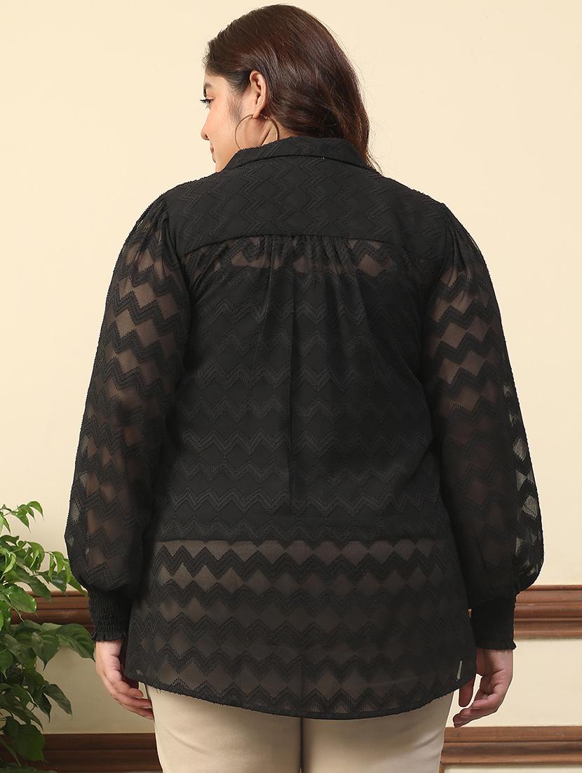 women plus size self designed collared puff sleeve top - 21981210 - Standard Image - 2