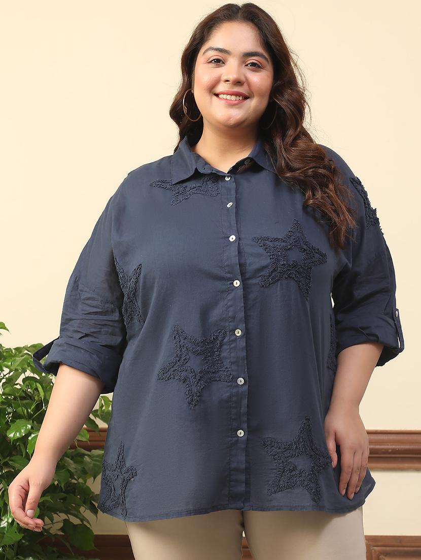 women plus size embroidered collared long sleeve shirt - 21981211 - Zoom Image - 0