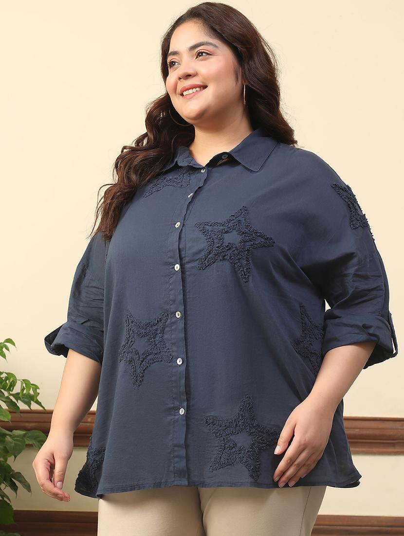 women plus size embroidered collared long sleeve shirt - 21981211 - Standard Image - 2