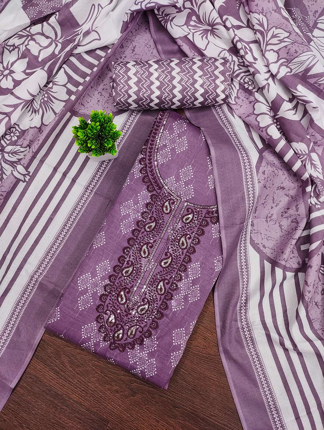 women printed with embroidery work unstitched suit set