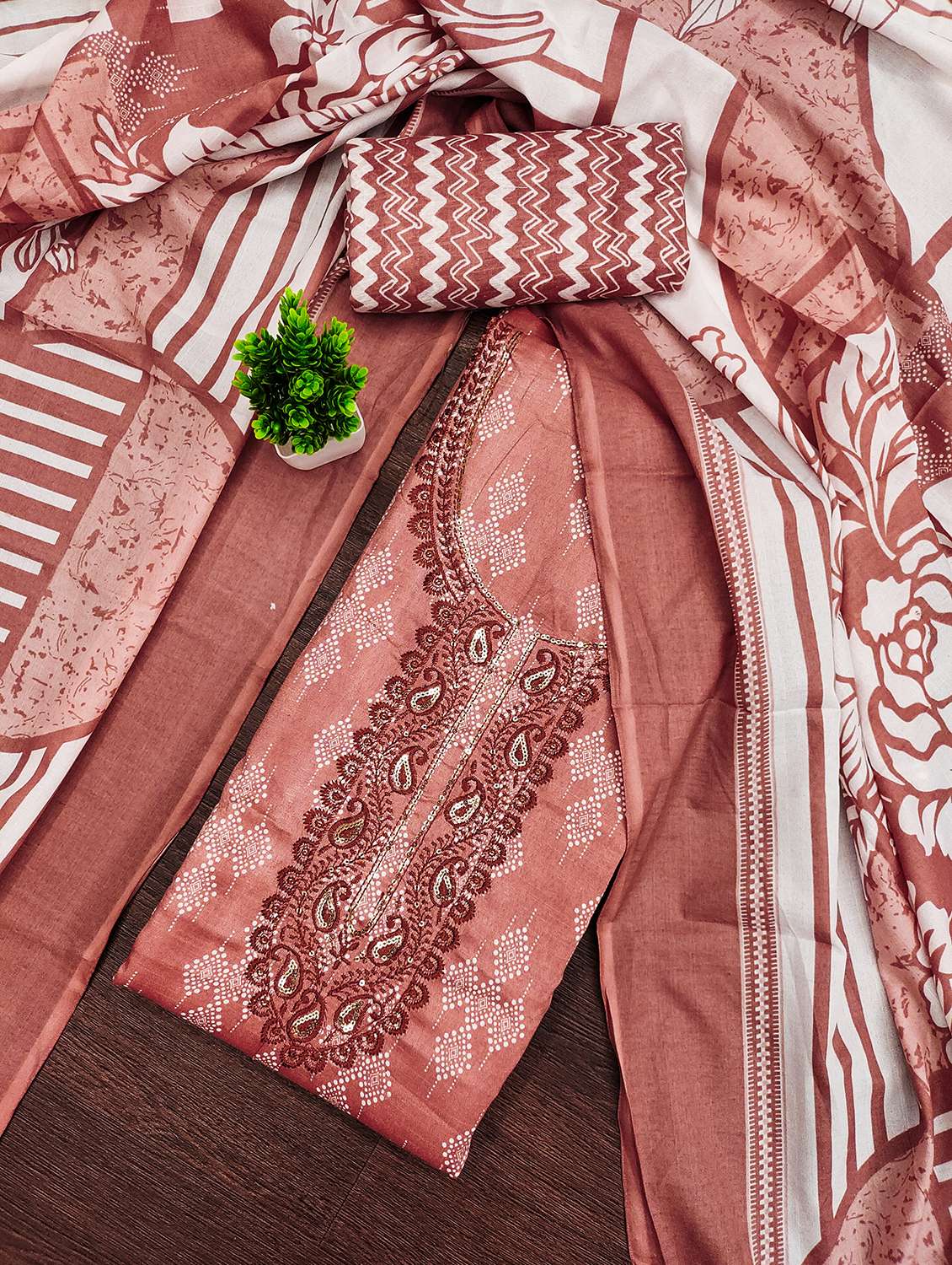 women printed with embroidery work unstitched suit set