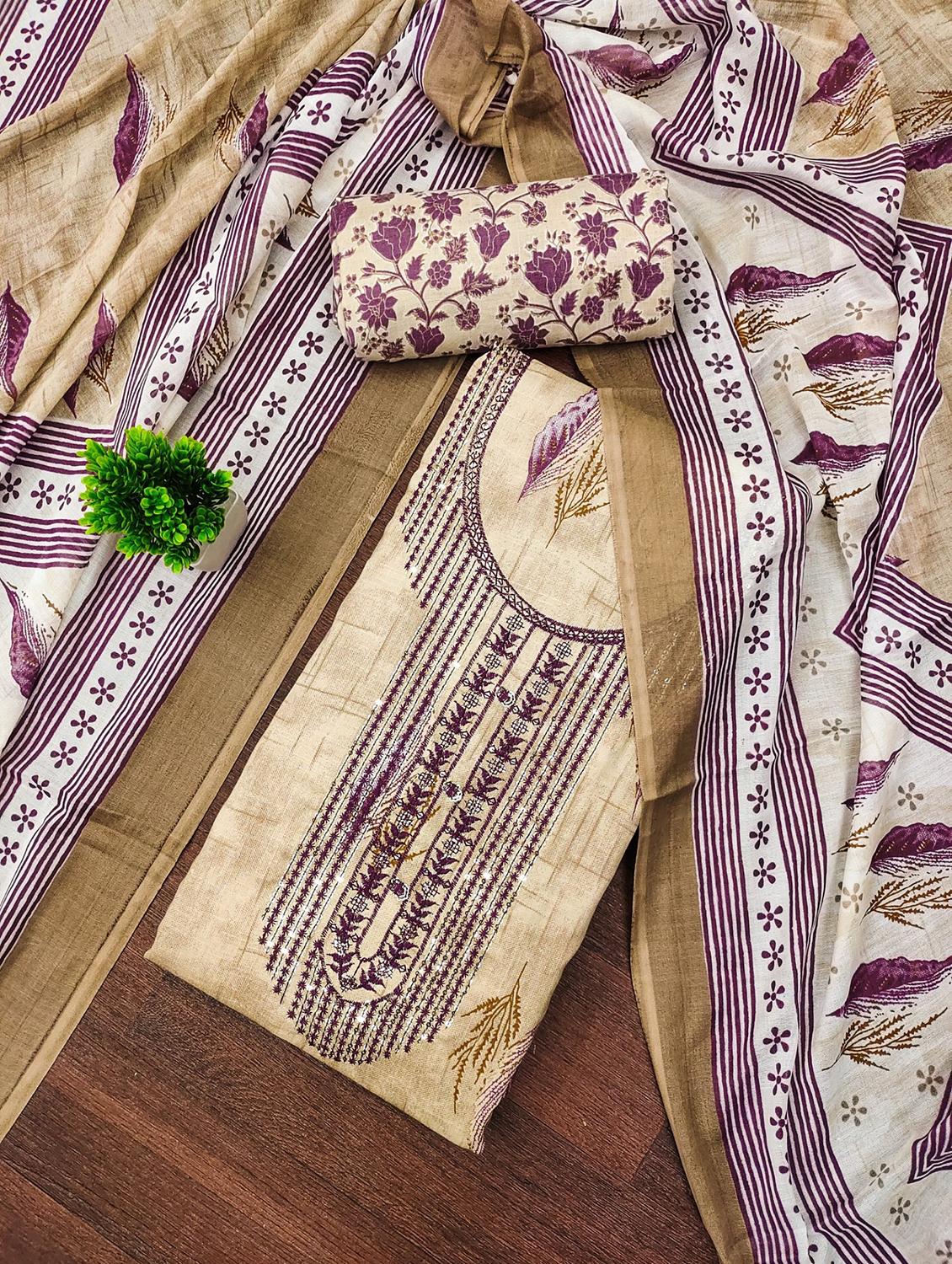 women printed with embroidery work unstitched suit set - 21981332 - Zoom Image - 0