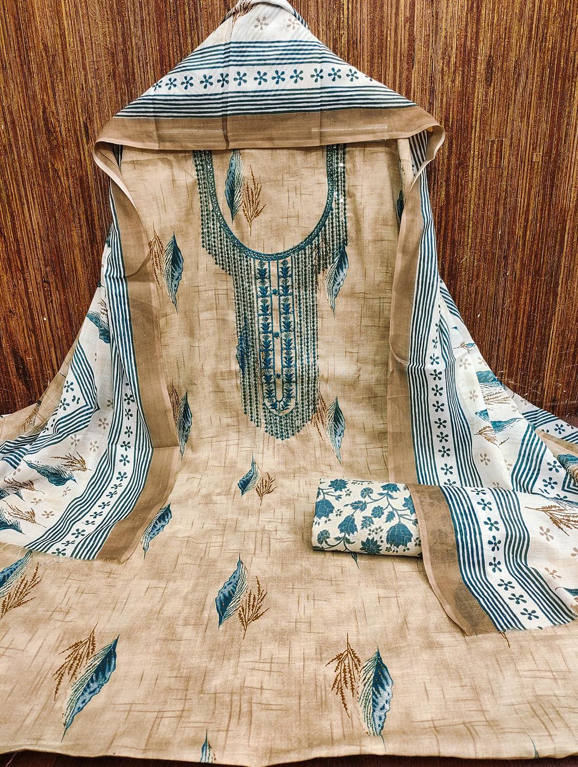 women printed with embroidery work unstitched suit set - 21981333 - Standard Image - 2