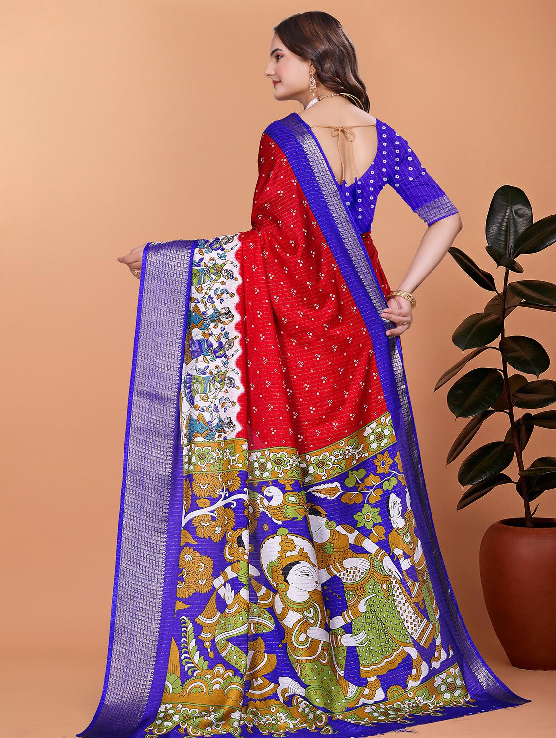 women kalamkari printed bordered saree with blouse - 21981453 - Standard Image - 2
