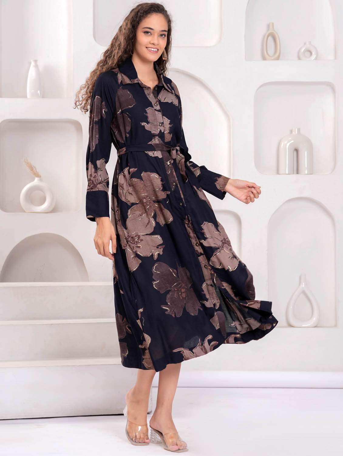 women floral print long sleeve collared shirt dress - 21981539 - Standard Image - 2