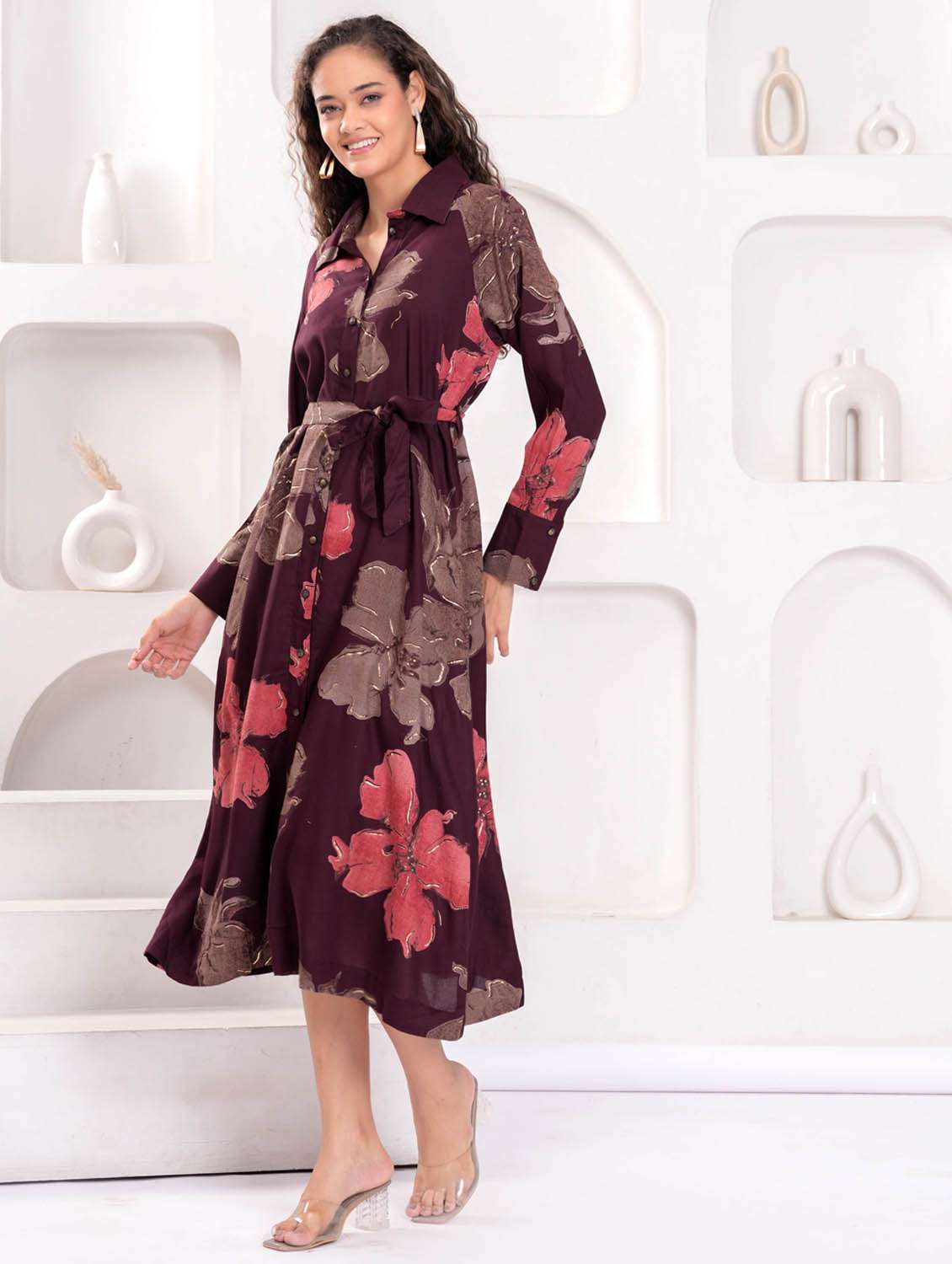 women floral print long sleeve collared shirt dress - 21981540 - Standard Image - 2