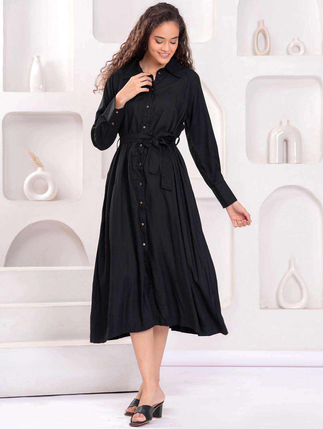 women solid long sleeve collared shirt dress - 21981541 - Standard Image - 2