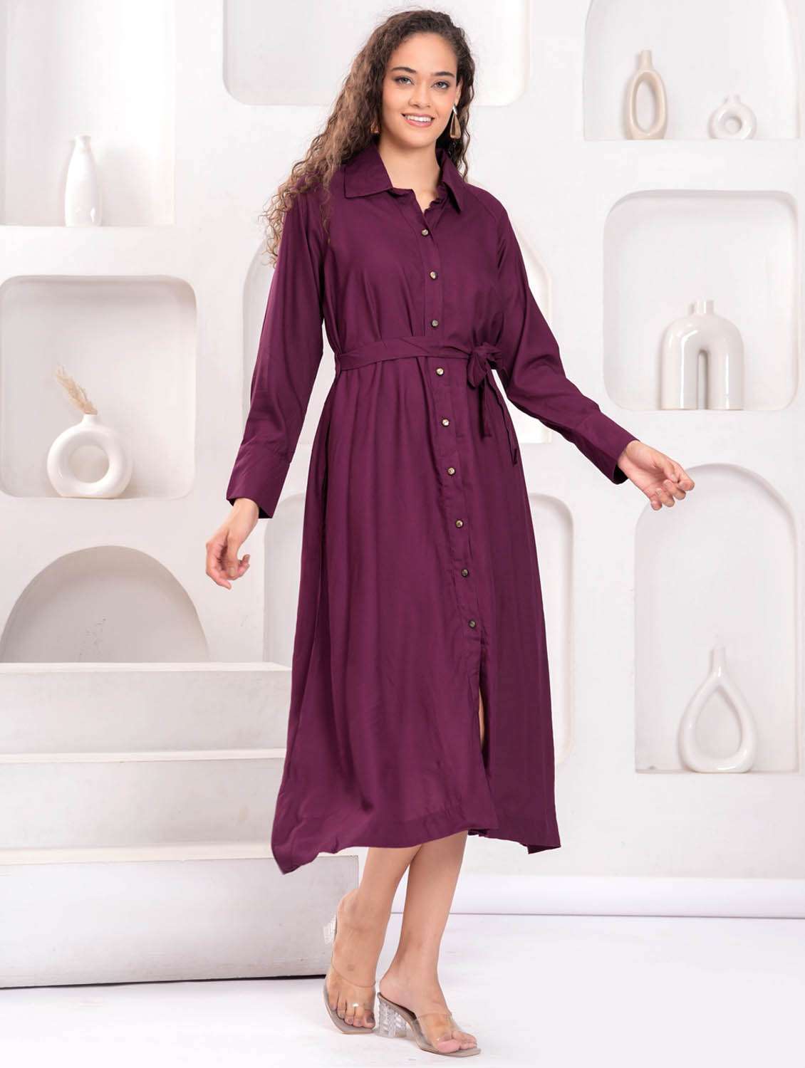 women solid long sleeve collared shirt dress - 21981543 -  Standard Image - 2