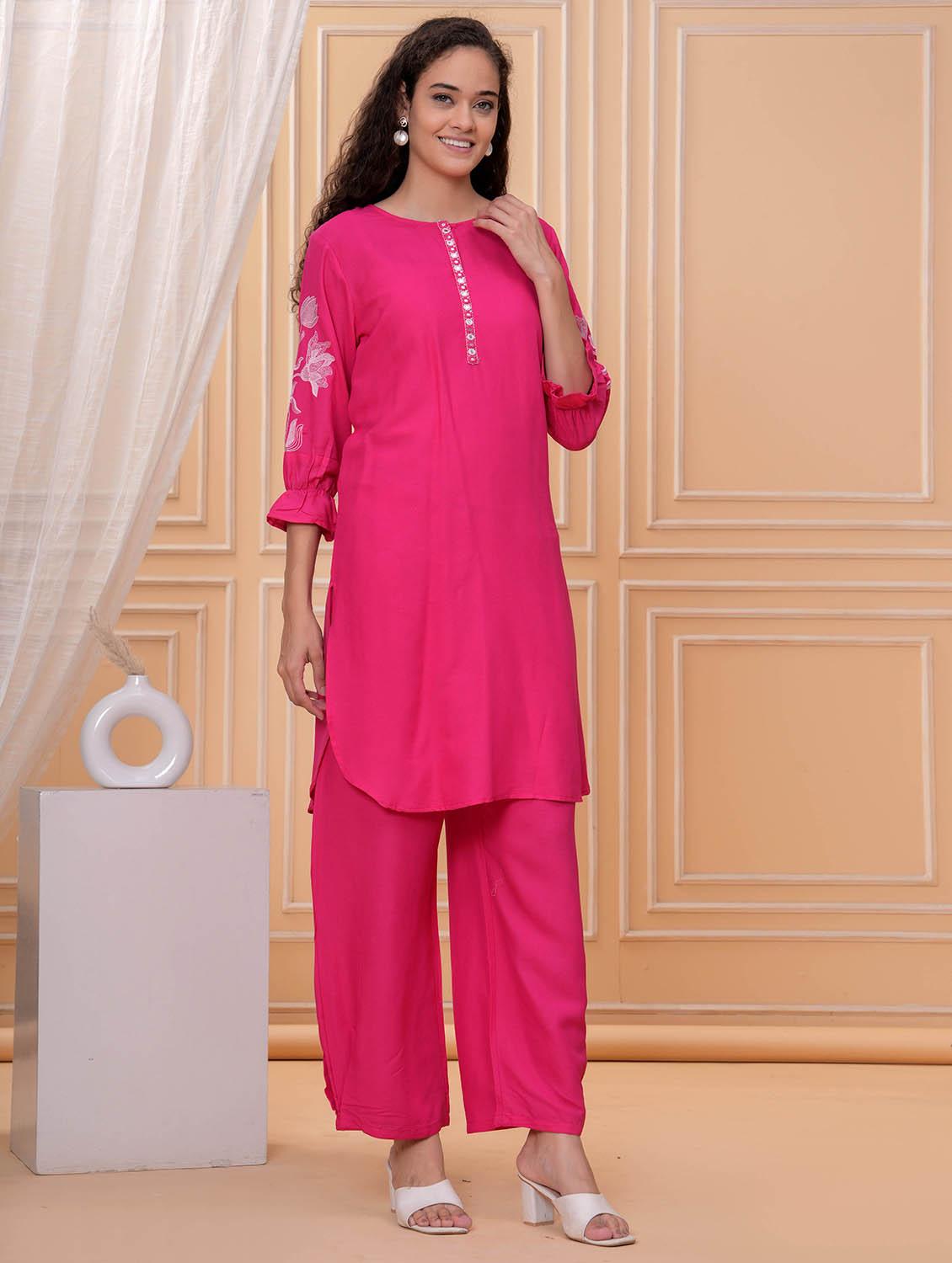 women embroidered round neck kurta and palazzo set - 21981576 - Standard Image - 2