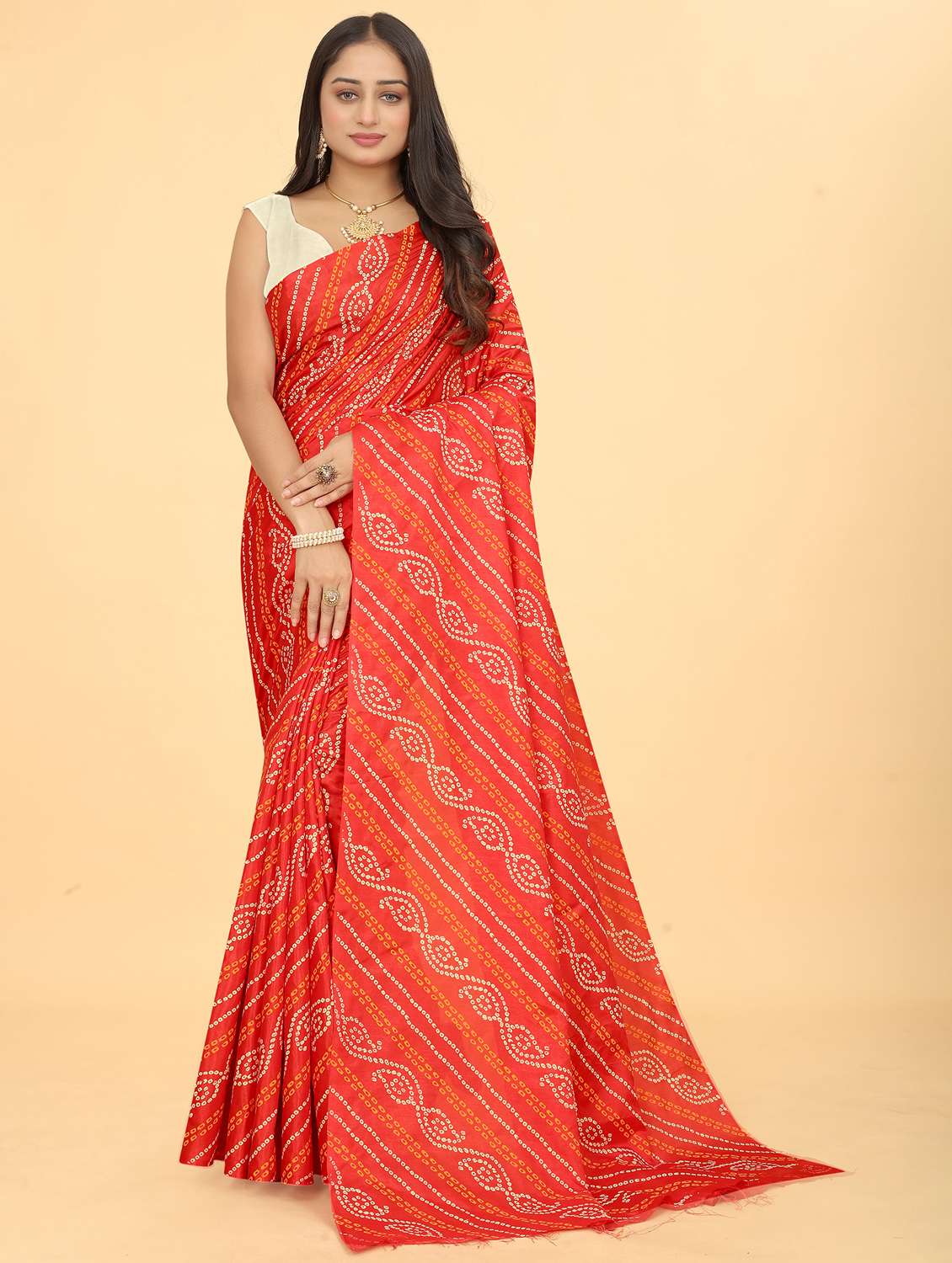 women bandhani printed saree with blouse
