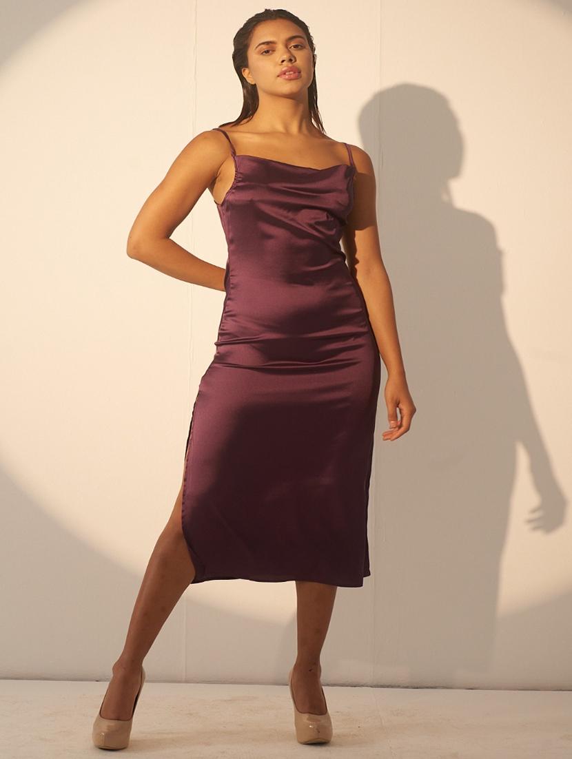 women solid shoulder strap cowl neck a-line dress - 21981774 - Standard Image - 2