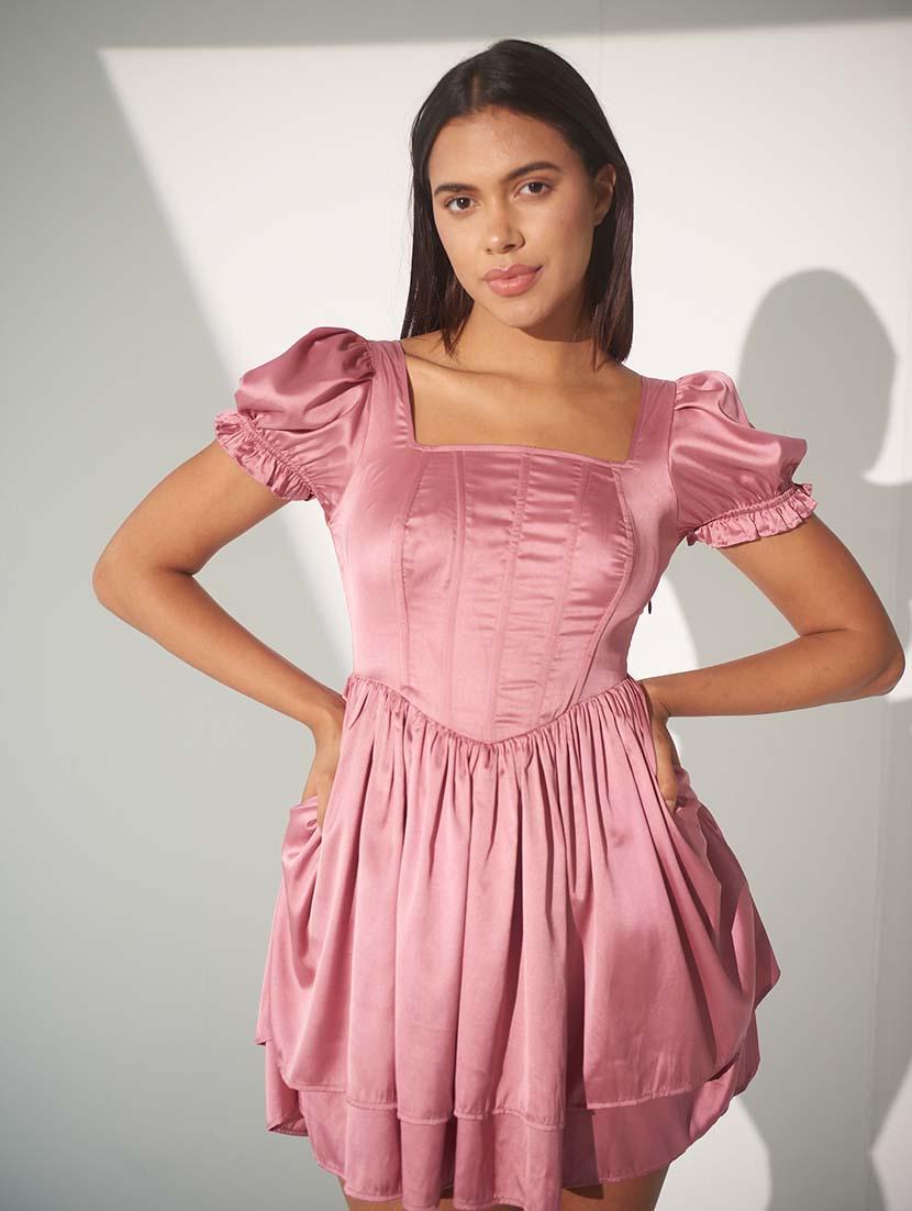 women solid puff sleeve corset layered dress - 21981776 - Standard Image - 2