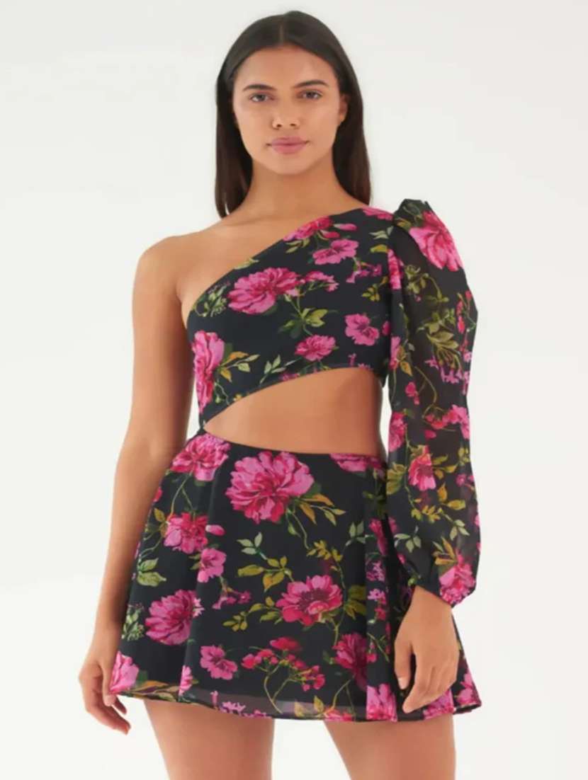 women floral print single shoulder cut out dress