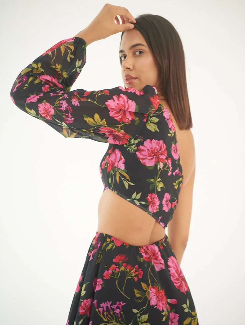 women floral print single shoulder cut out dress - 21981777 - Standard Image - 2