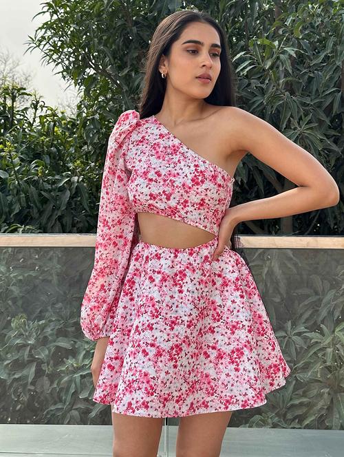 women floral print single shoulder cut out fit & flare dress - 21981790 -  Standard Image - 0