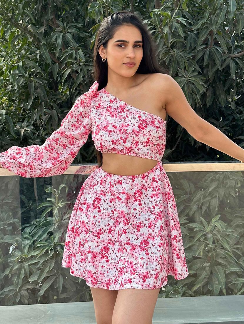 women floral print single shoulder cut out fit & flare dress - 21981790 - Standard Image - 2