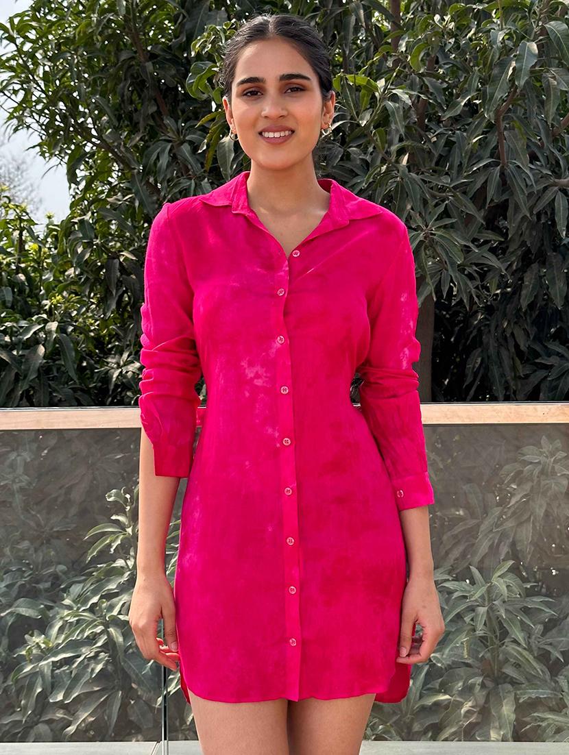 women pink solid collared shirt dress - 21981793 - Zoom Image - 0