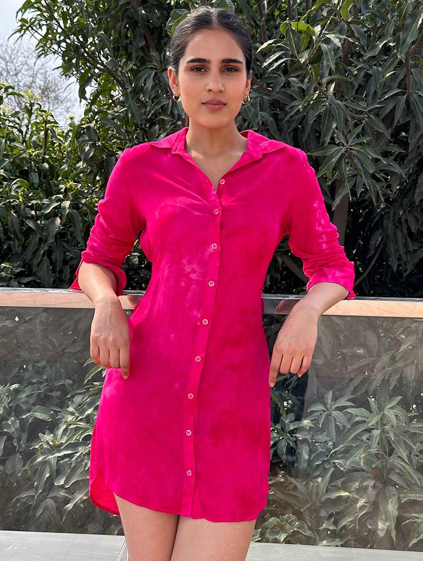 women pink solid collared shirt dress - 21981793 - Standard Image - 2