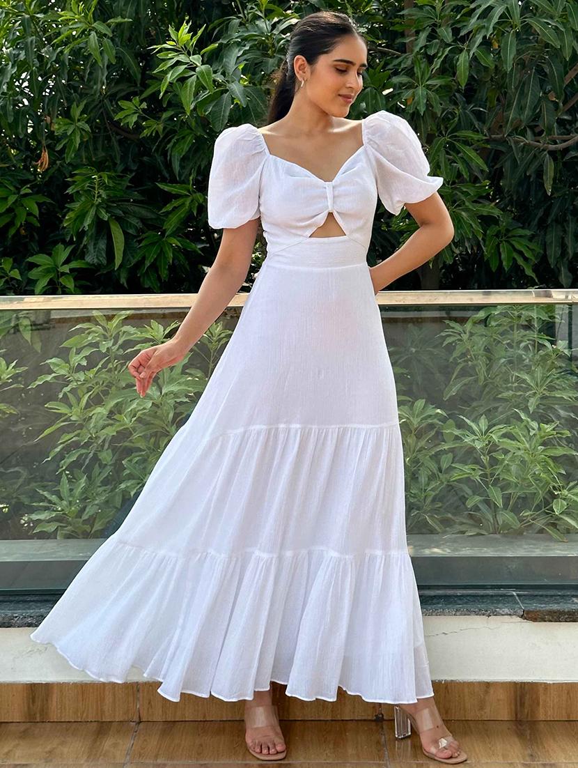 women white solid puff sleeve cut out tiered dress - 21981797 - Zoom Image - 0