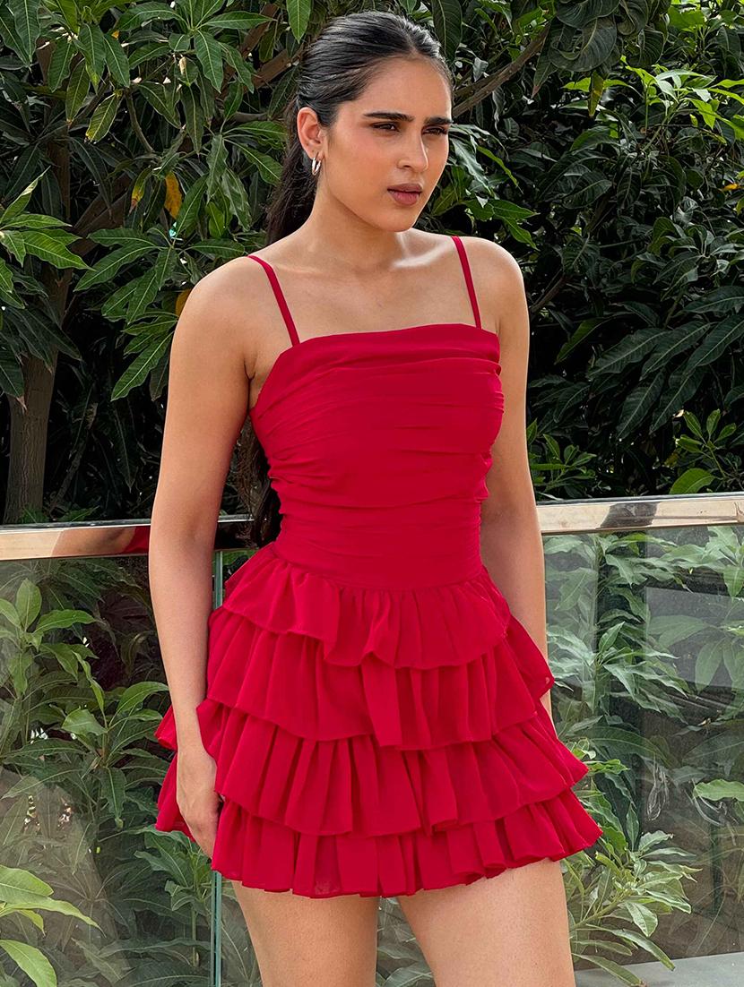 women red solid shoulder strap layered dress - 21981800 - Standard Image - 2