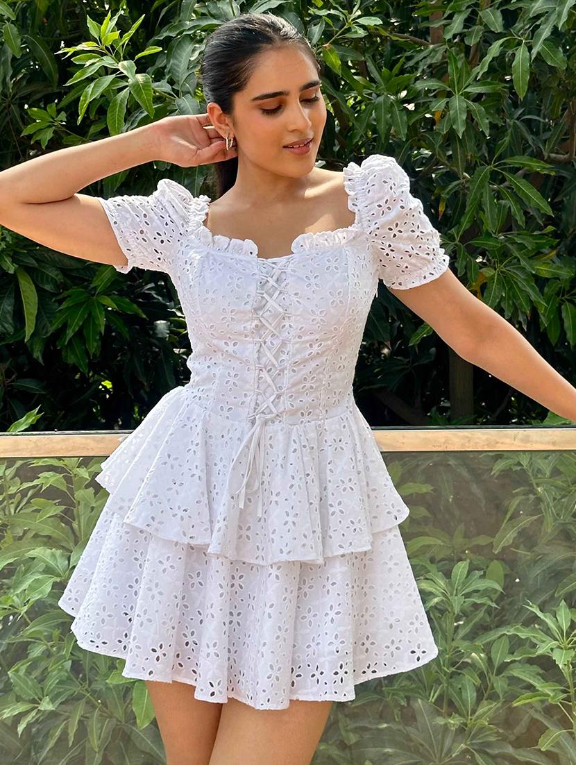 women solid puff sleeve schiffli layered dress - 21981808 - Zoom Image - 0