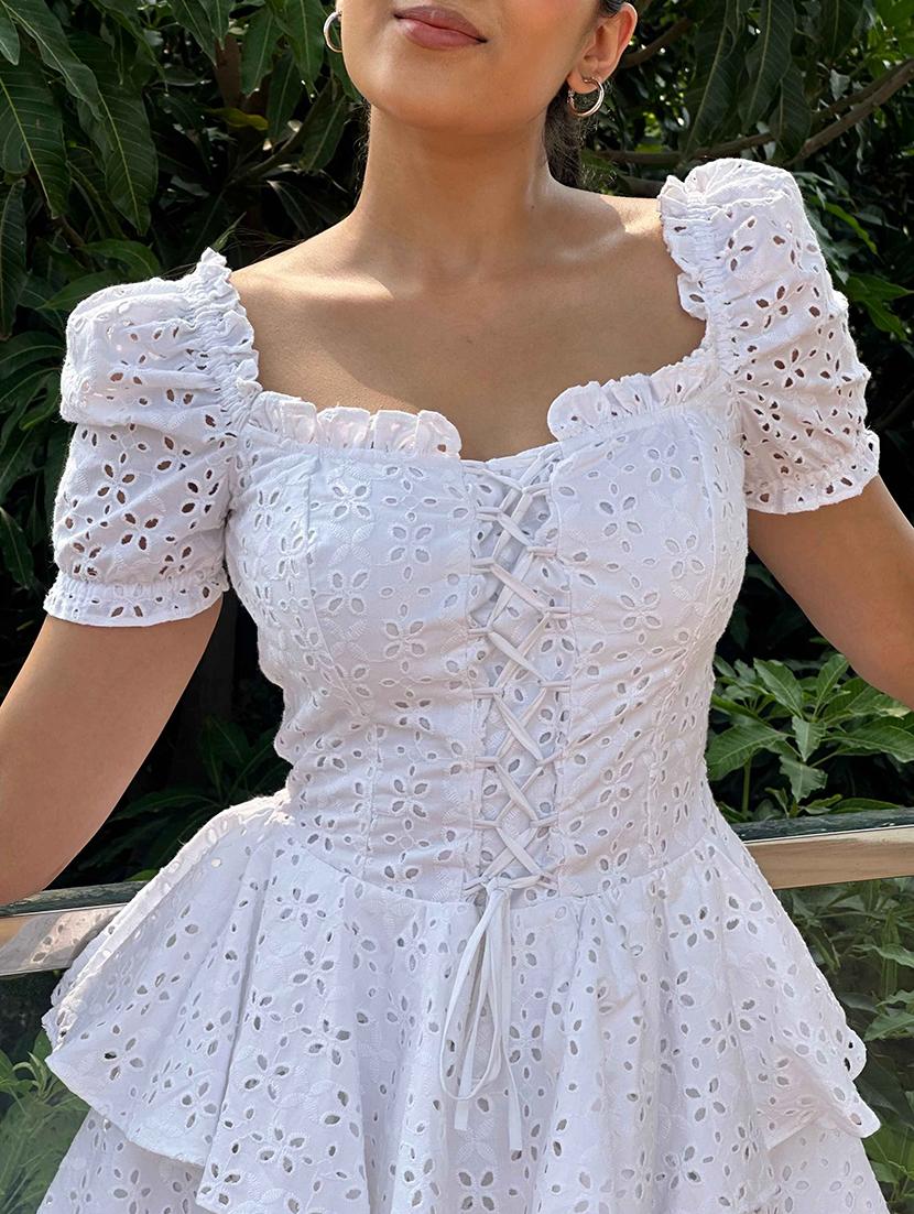 women solid puff sleeve schiffli layered dress - 21981808 - Standard Image - 7