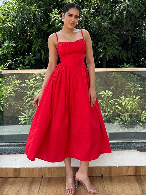 women red solid shoulder strap fit & flare dress - 21981810 - Standard Image - 0