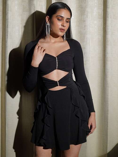 women black solid long sleeve cut out ruffle dress - 21981812 -  Standard Image - 0