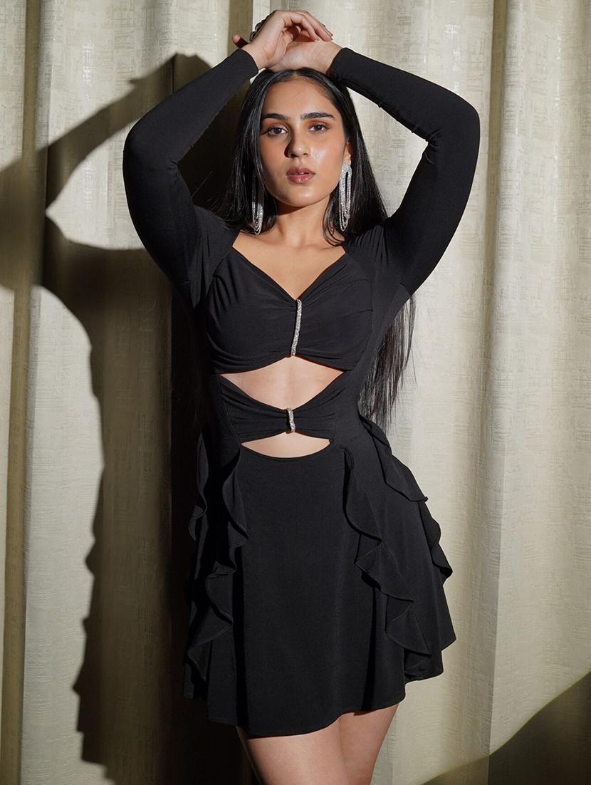 women black solid long sleeve cut out ruffle dress - 21981812 - Standard Image - 2