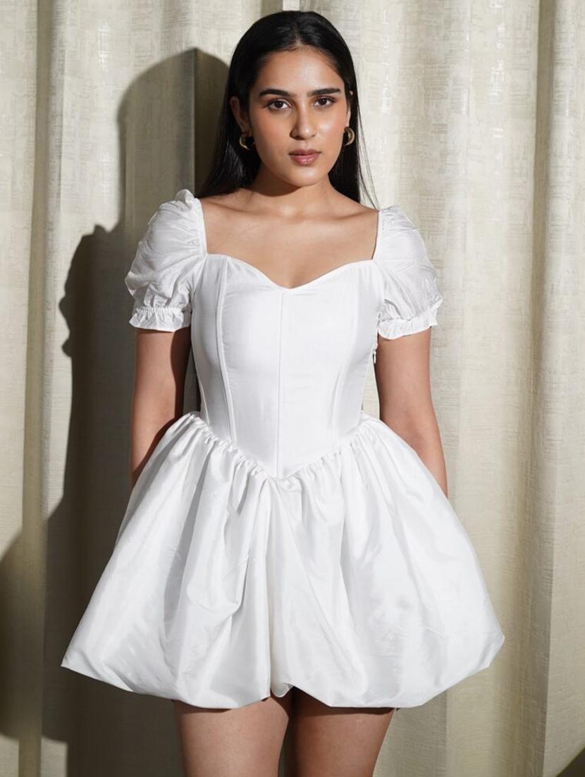 women white solid puff sleeve ballon dress - 21981817 - Standard Image - 2