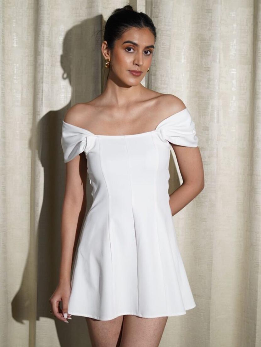 women white solid off shoulder fit & flare dress - 21981818 -  Zoom Image - 0