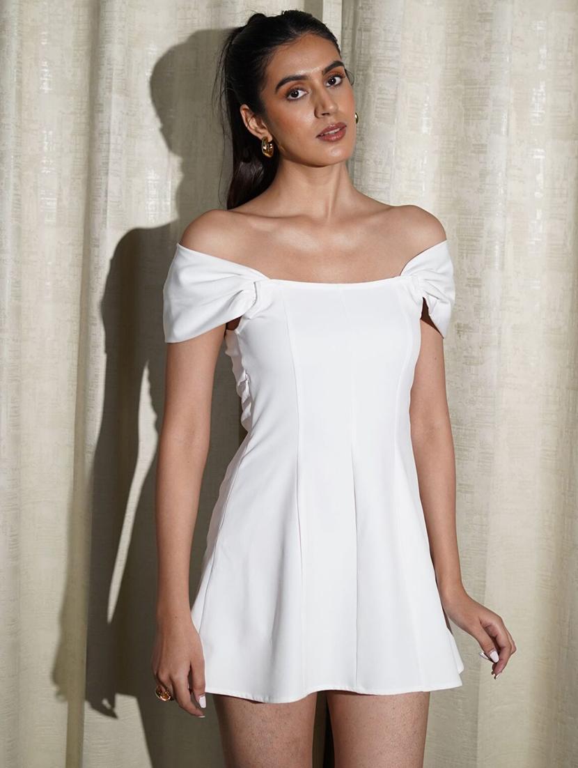 women white solid off shoulder fit & flare dress - 21981818 - Standard Image - 2